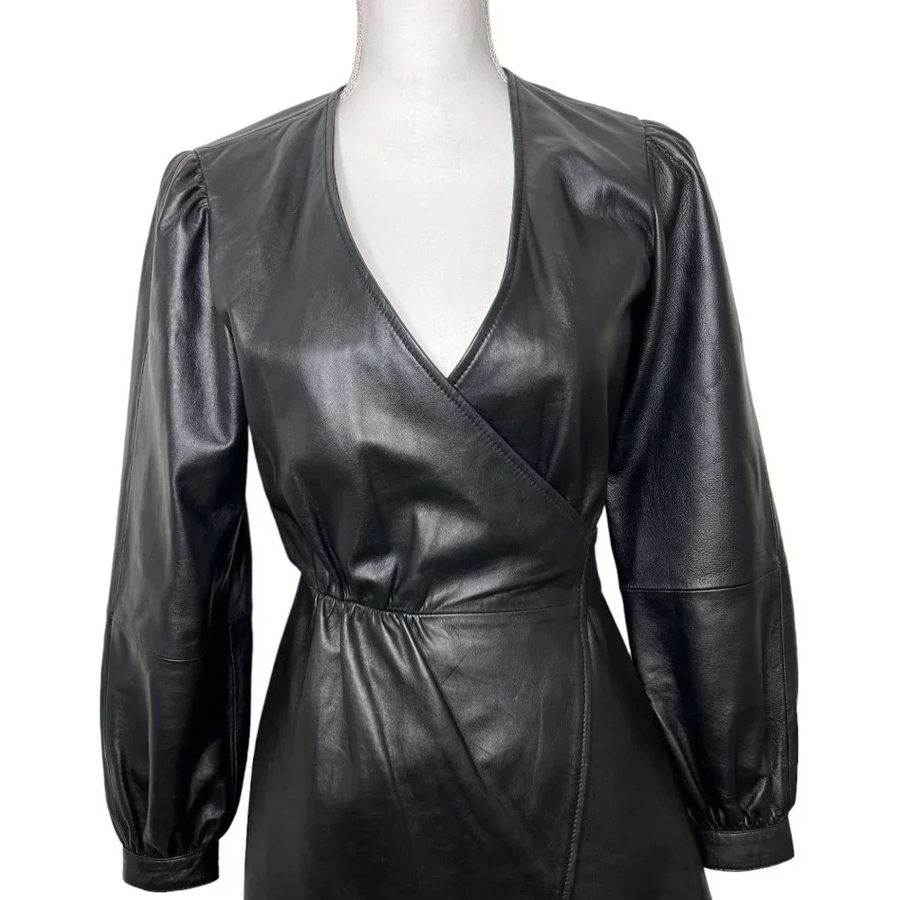 Maje Rosetola Long Sleeve Leather Wrap Dress Black Size 1 - Picture 6 of 17